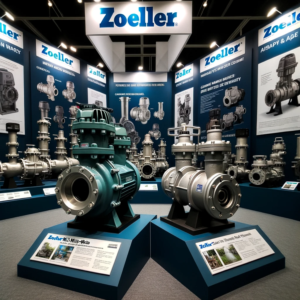 Showroom display featuring a variety of Zoeller pumps, with the 'Zoeller M53 Mighty-Mate' and 'Zoeller 267 Series' models prominently showcased on pedestals.